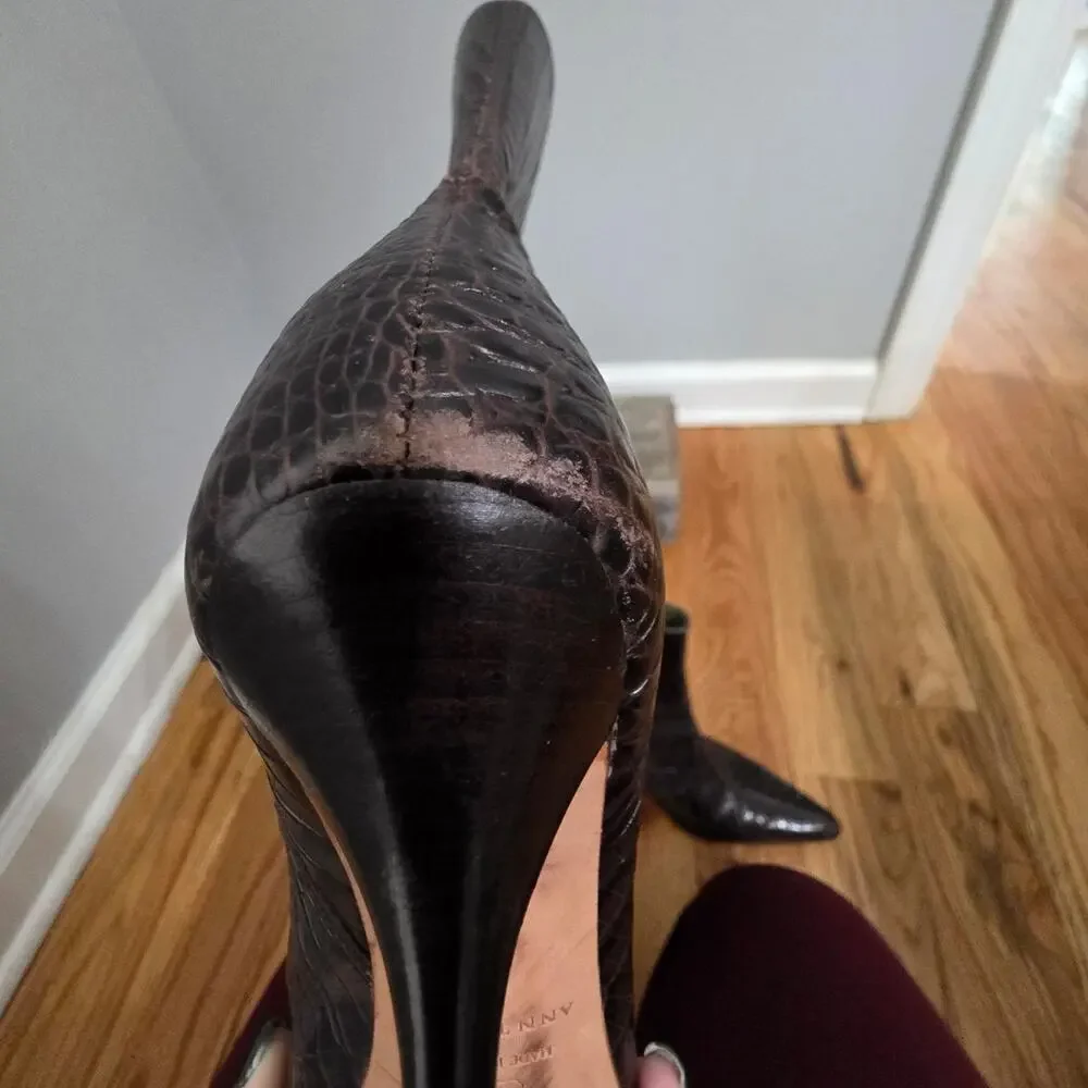 Ann Taylor Brown Croc Embossed Leather Pointed Toe Heeled Ankle Boots Size 8M